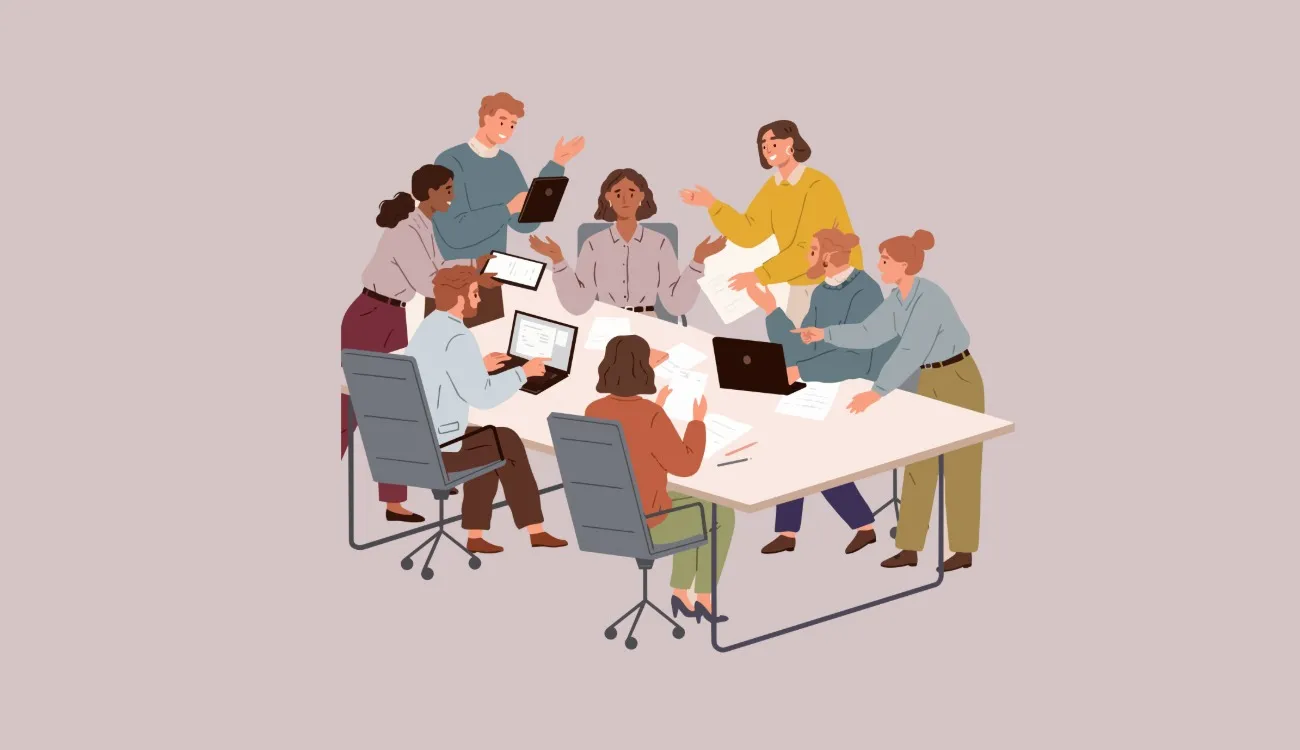 Illustration över sju personer runt ett mötesbord