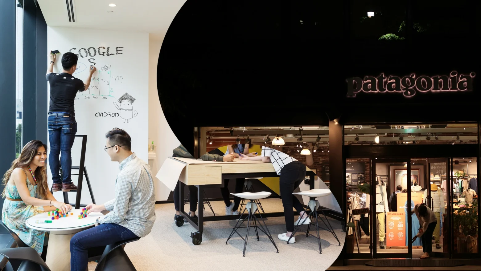 En bild från Googles kontor och en från en Patagonia-butik