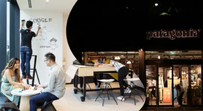 En bild från Googles kontor och en från en Patagonia-butik
